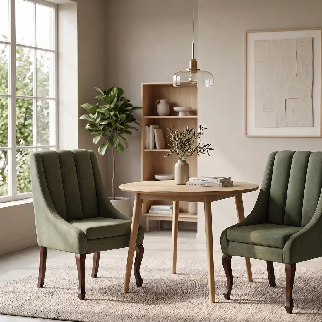 Dos sillones Leonardo de gajos en verde olivo junto a una mesa redonda